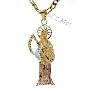 Santa Muerte Gold Filled Pendant with Necklace Holy Death Three Tone